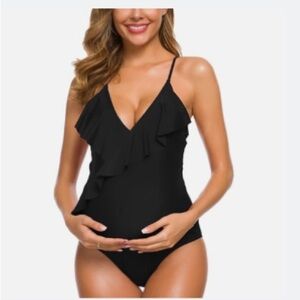 NWT Stylish Black Ruffle One-Piece Swimsuit